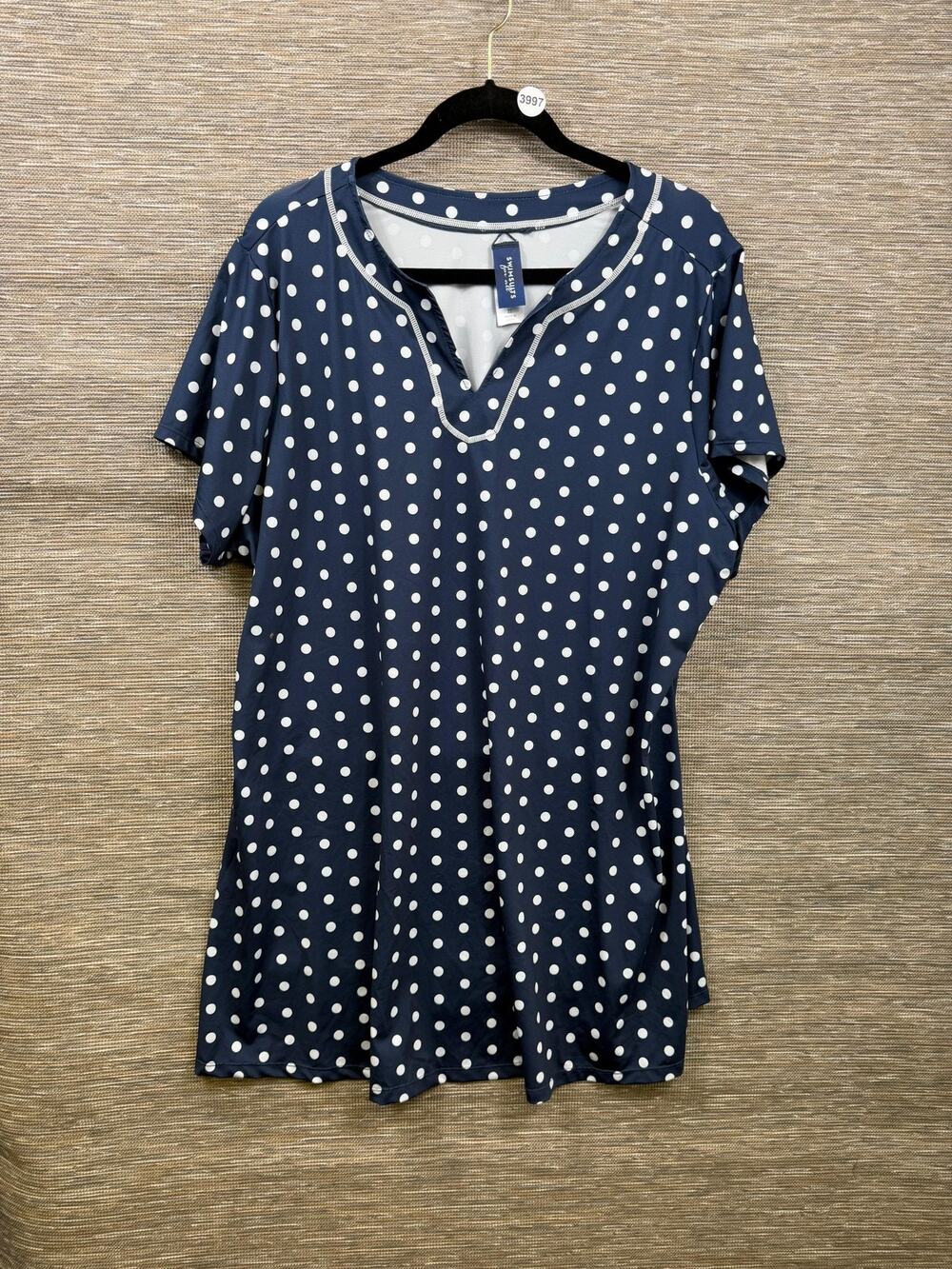 Swimsuit For All Cover Up Womens 22 Blue Polka Dot Short Sleeve Plus Stretch